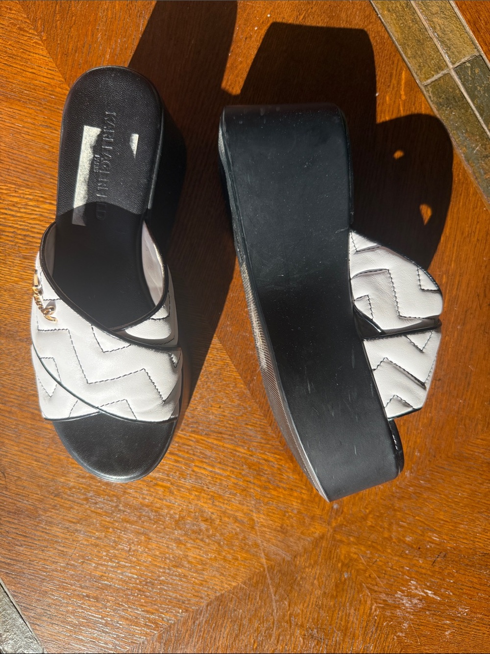 Karl Lagerfeld White Quilted Platform Slide Sandals with Black Sole
